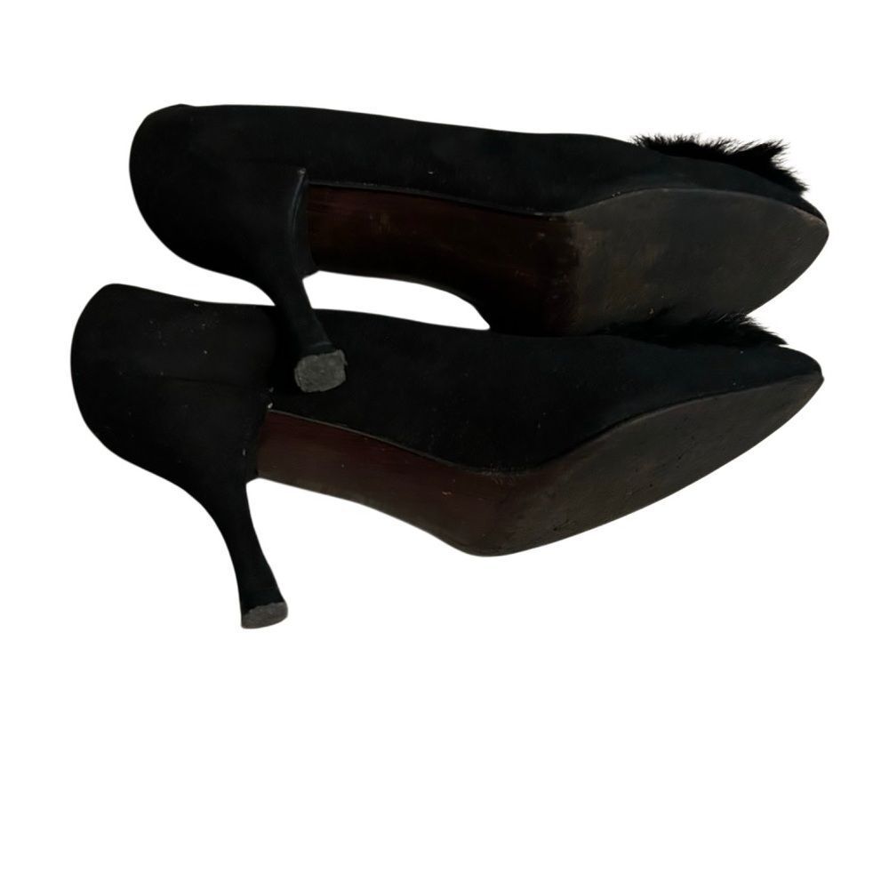 Stuart Weitzman black fur suede leather square toe Bow Heel 7.5 Pump Career Y2K - Picture 8 of 8